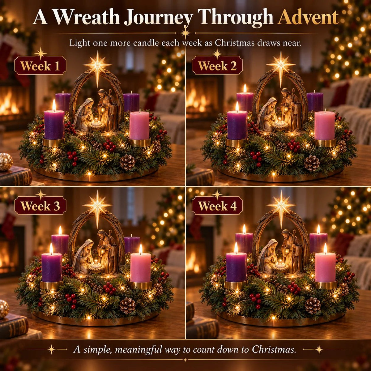 ✝️ Lighted Nativity Advent Wreath – A Sacred 4-Week Christmas Tradition