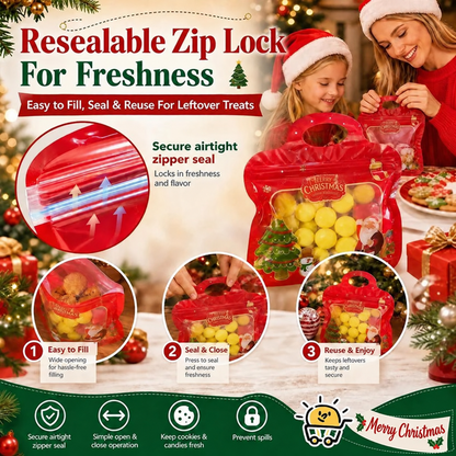 Festive Self-Seal Treat Bags – Santa & Snowman Print | Resealable, Food-Safe & Perfect for Cookies, Chocolates & Little Gifts