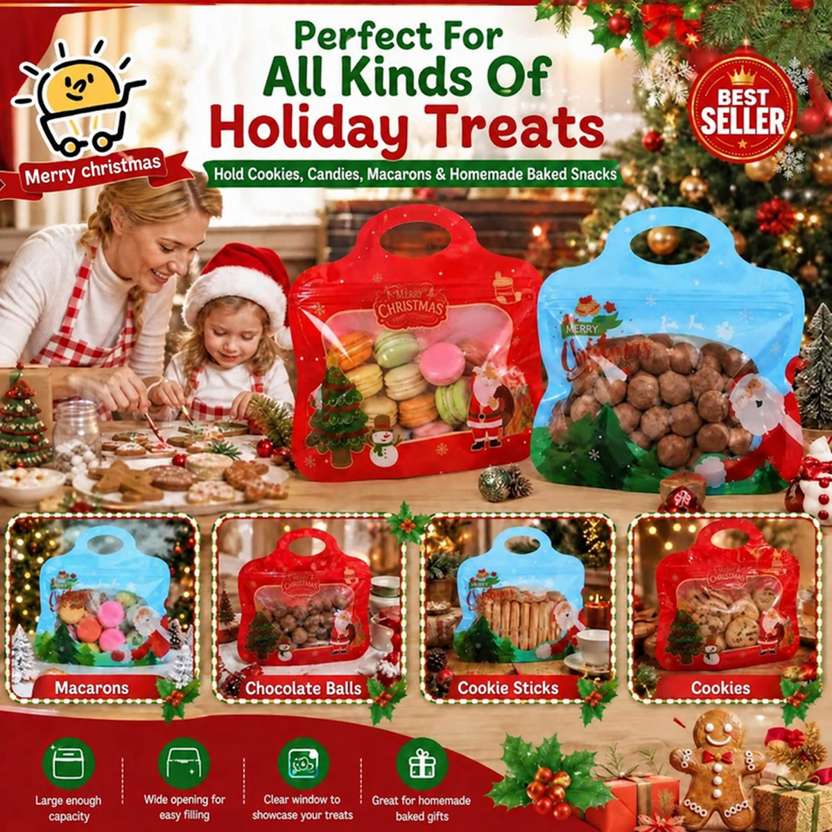 Festive Self-Seal Treat Bags – Santa & Snowman Print | Resealable, Food-Safe & Perfect for Cookies, Chocolates & Little Gifts