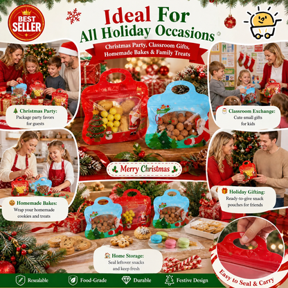 Festive Self-Seal Treat Bags – Santa & Snowman Print | Resealable, Food-Safe & Perfect for Cookies, Chocolates & Little Gifts