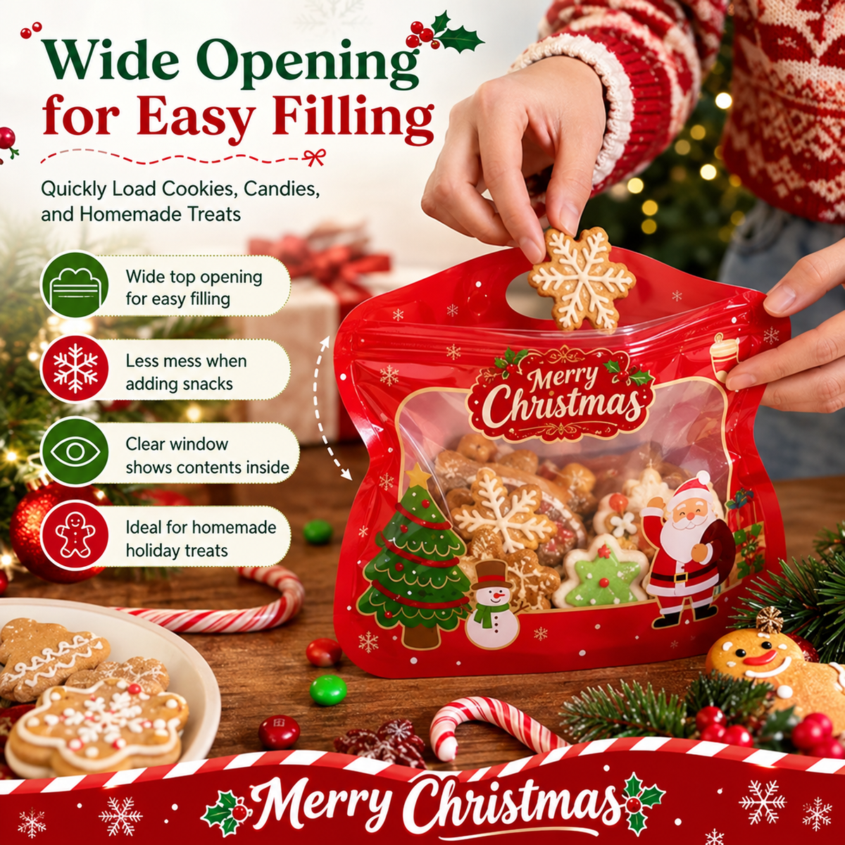 Festive Self-Seal Treat Bags – Santa & Snowman Print | Resealable, Food-Safe & Perfect for Cookies, Chocolates & Little Gifts