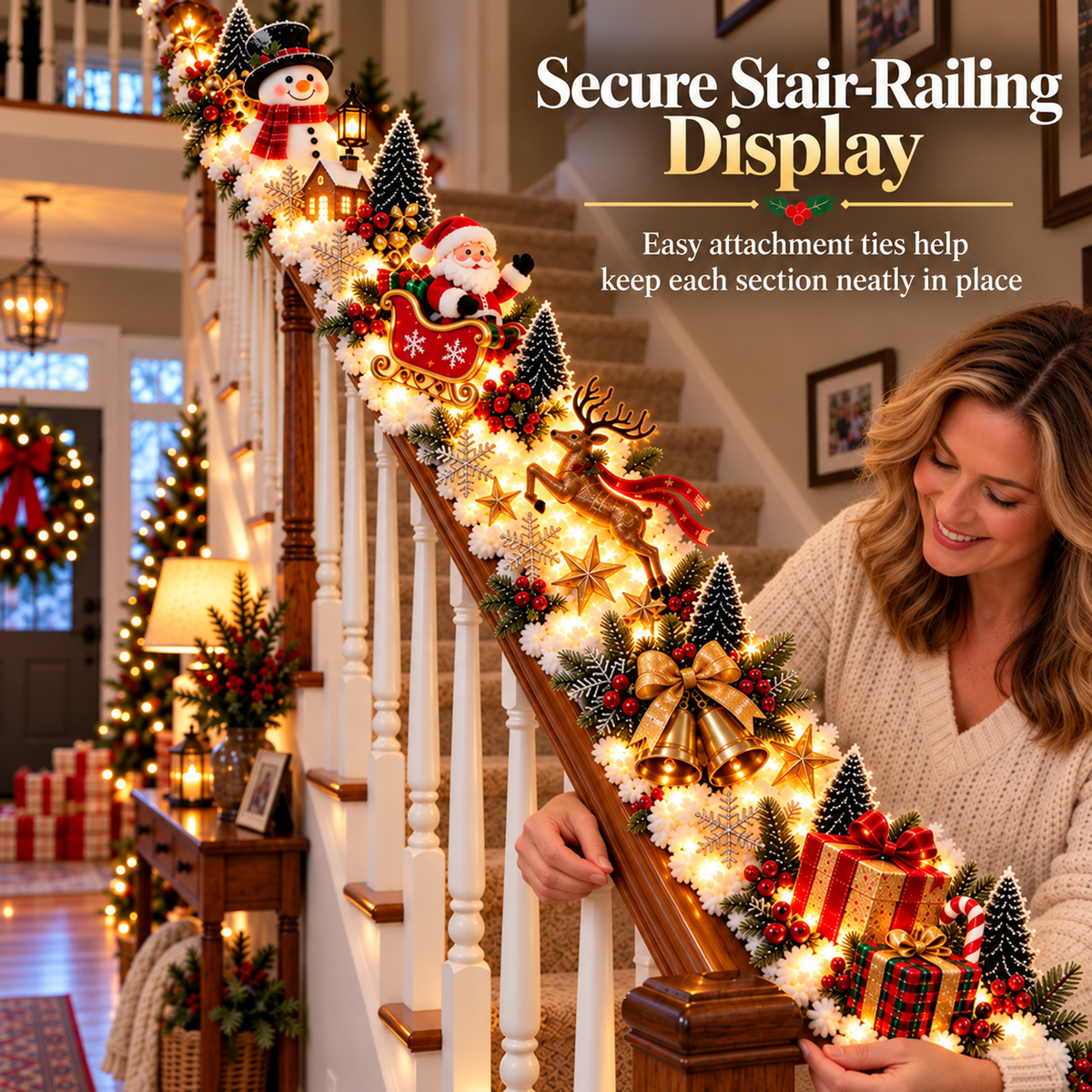 🎅 Santa’s Sleigh Snowy Stair Railing Decor | Pre-Lit Christmas Banister Garland