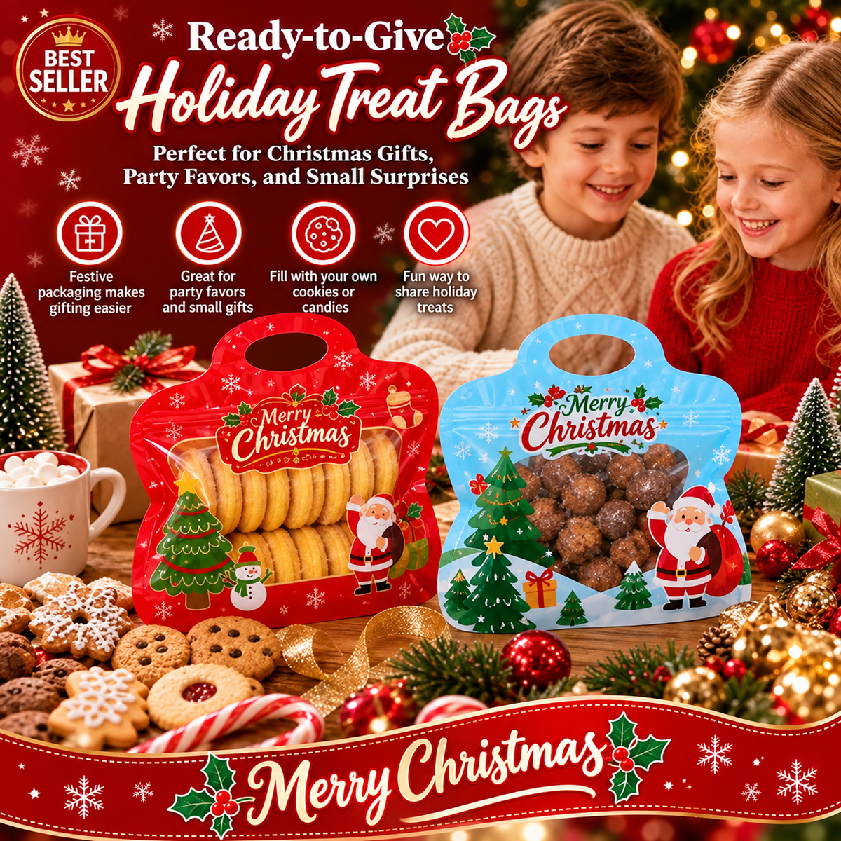 Festive Self-Seal Treat Bags – Santa & Snowman Print | Resealable, Food-Safe & Perfect for Cookies, Chocolates & Little Gifts