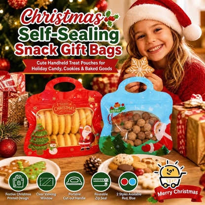 Festive Self-Seal Treat Bags – Santa & Snowman Print | Resealable, Food-Safe & Perfect for Cookies, Chocolates & Little Gifts